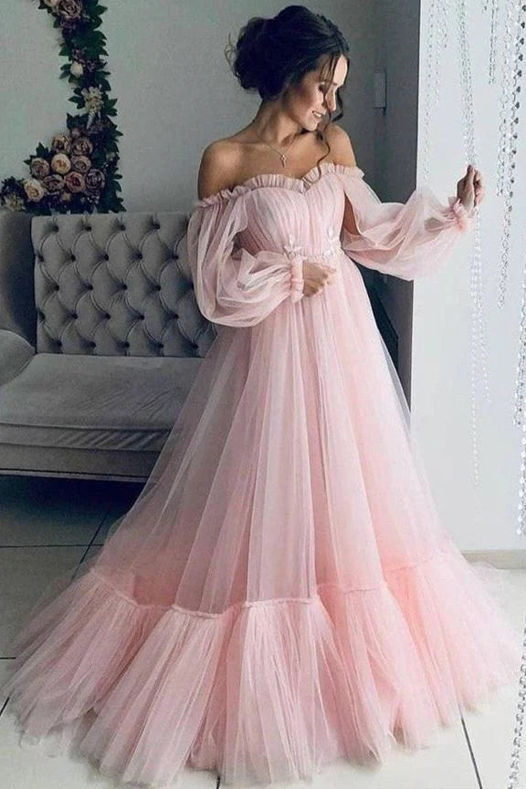 Weitese A-line Off Shoulder Long Puffy Sleeves Pink Tulle Floor Length Formal Gown Prom Dress Prom Dresses Stores
